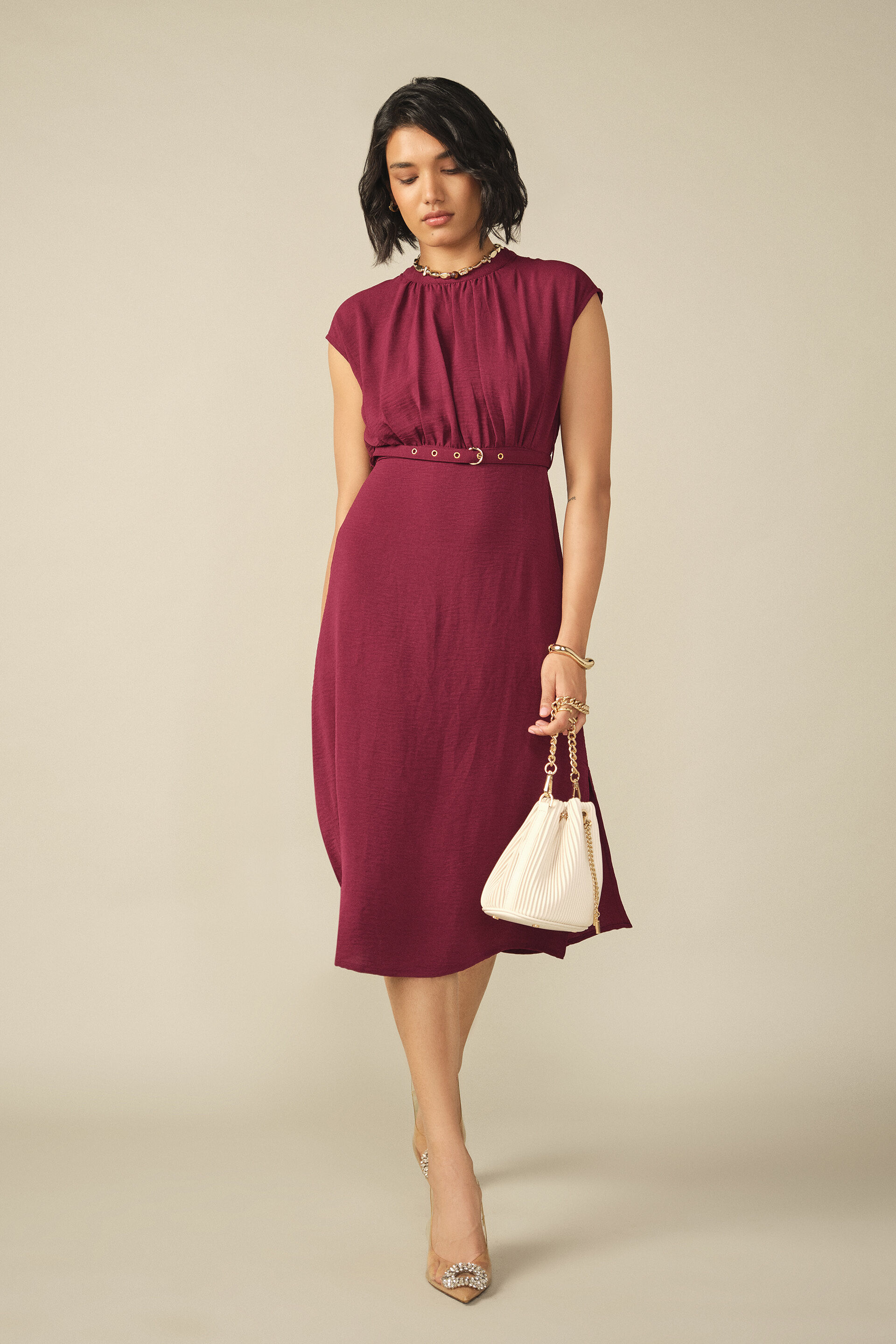 Gathered Tie-up Midi Dress in Wine, Wine, image 2